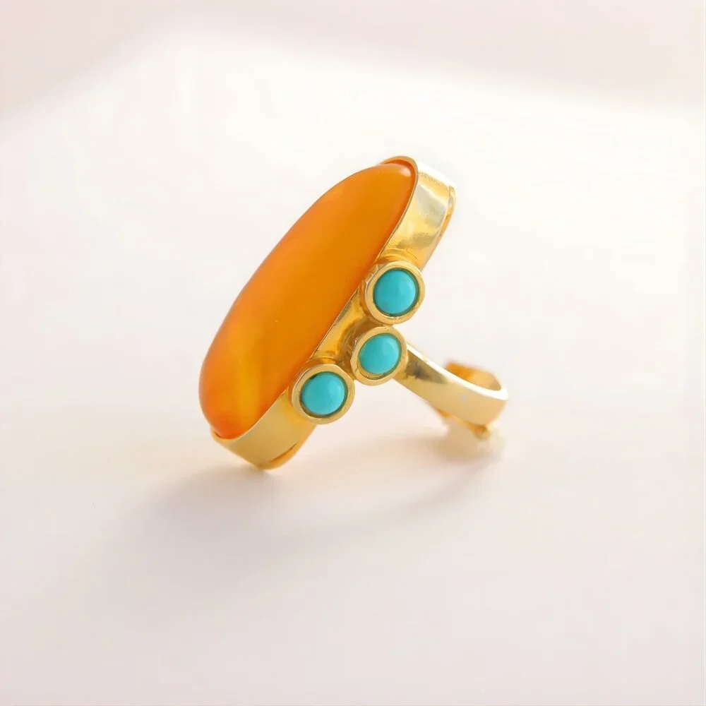 Baltic Amber and Turquoise Gold Ring- 14k Gold Plated Sterling Silver - Picture 6 of 9